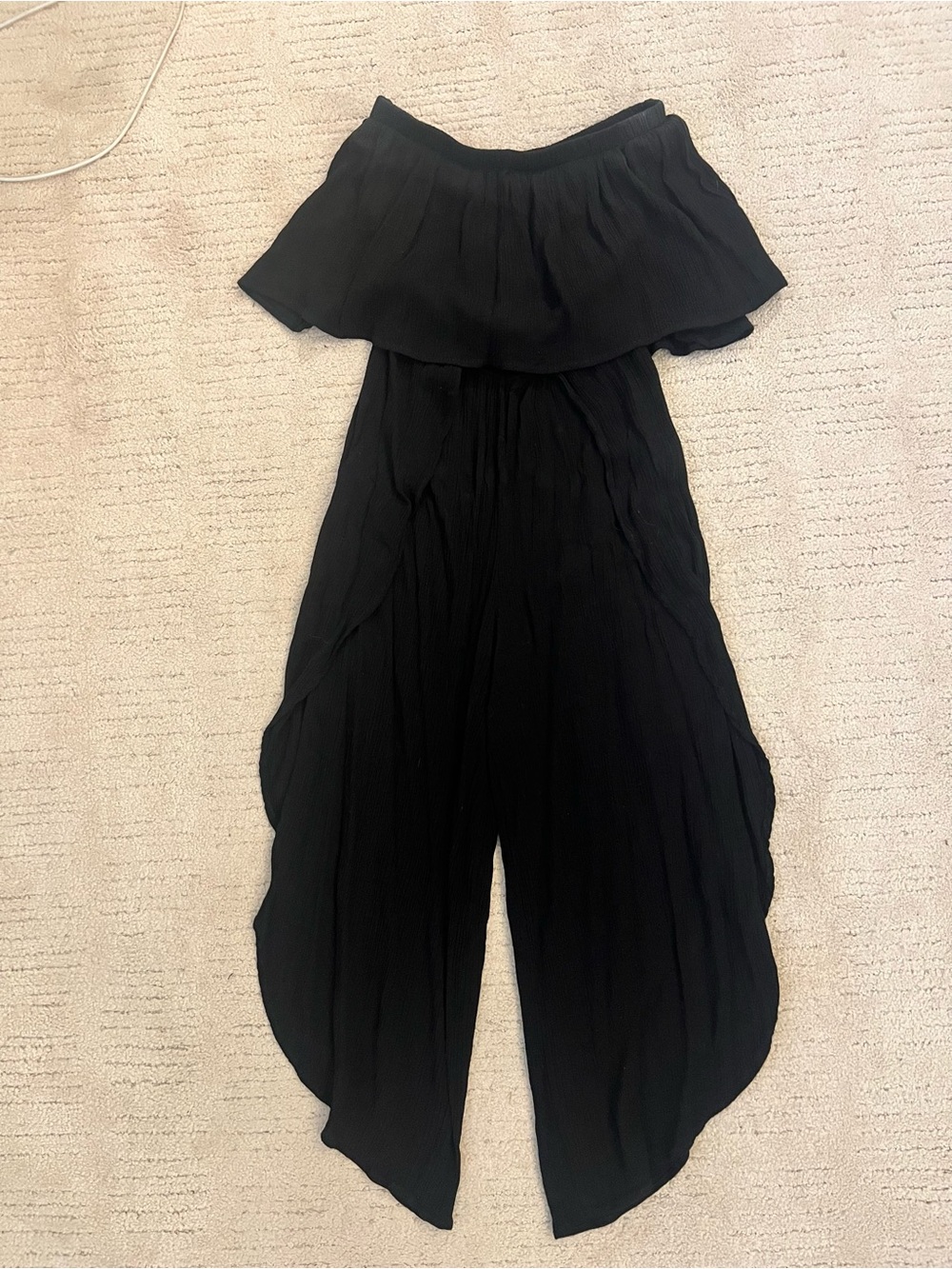 Audrey 3+1 Black Strapless Flounce Ruffle Jumpsuit Tulip Leg Jumper, Size Small